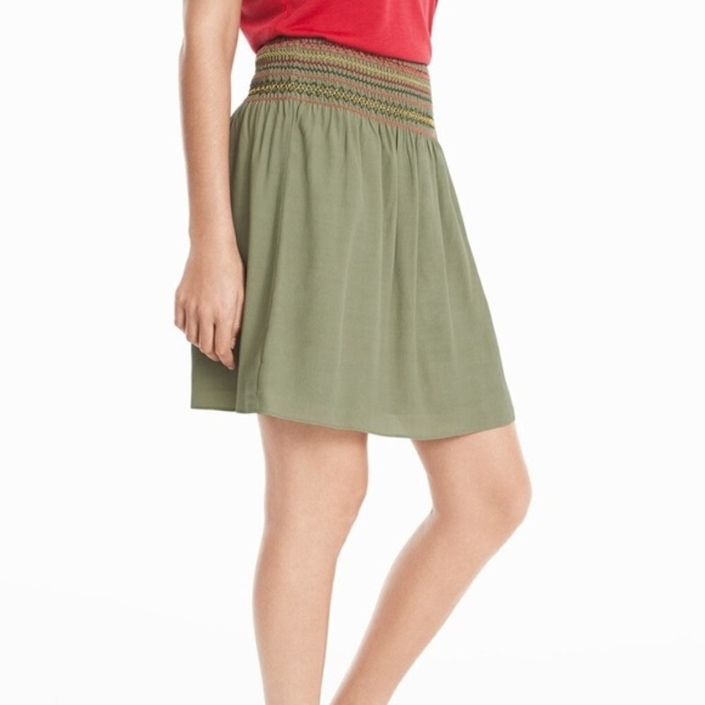 White House Black Market Olive Green Smocked-Waist Midi Skirt